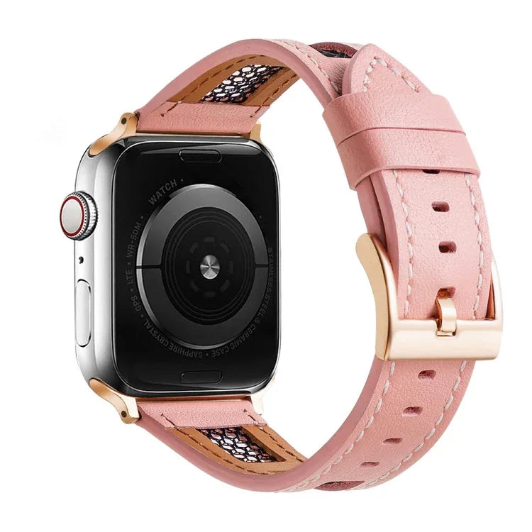 Armband aus echtem Kalbsleder mit Mesh-Einsatz, passend für Apple Watch 42 mm und 38 mm