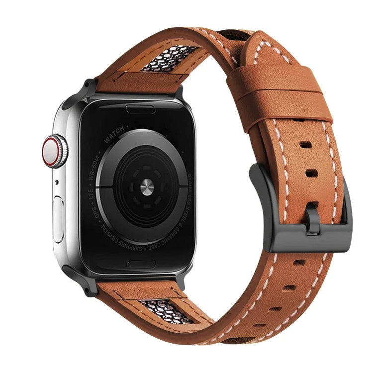 Armband aus echtem Kalbsleder mit Mesh-Einsatz, passend für Apple Watch 42 mm und 38 mm