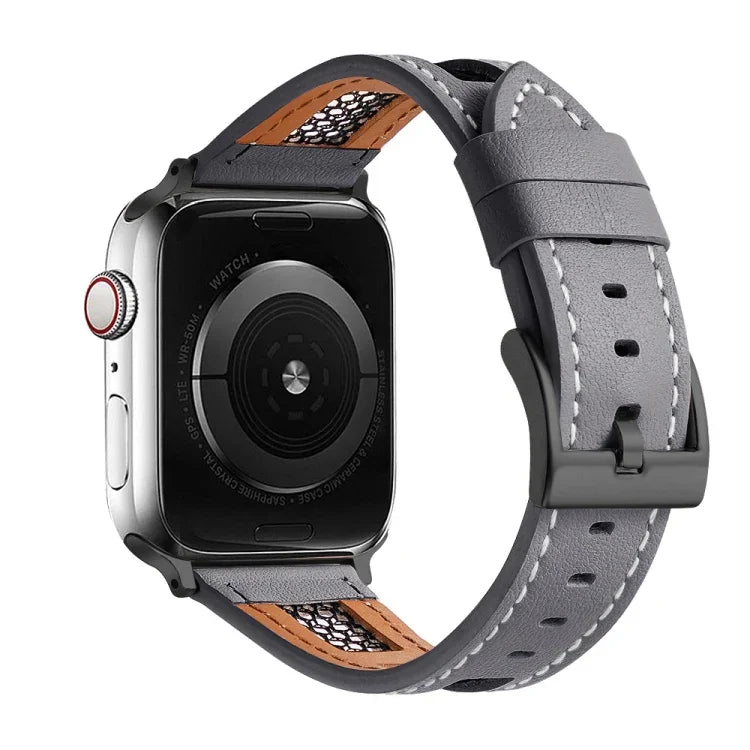 Armband aus echtem Kalbsleder mit Mesh-Einsatz, passend für Apple Watch 42 mm und 38 mm