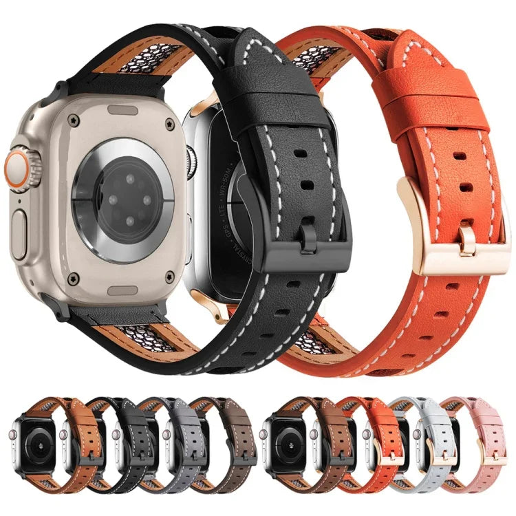 Armband aus echtem Kalbsleder mit Mesh-Einsatz, passend für Apple Watch 42 mm und 38 mm