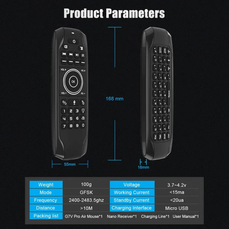 G7V Pro 2,4-GHz-Fly-Air-Mouse mit LED-Hintergrundbeleuchtung, kabelloser Tastatur und Fernbedienung mit Gyroskop für Android-TV-Boxen/PCs, unterstützt intelligente Sprachsteuerung