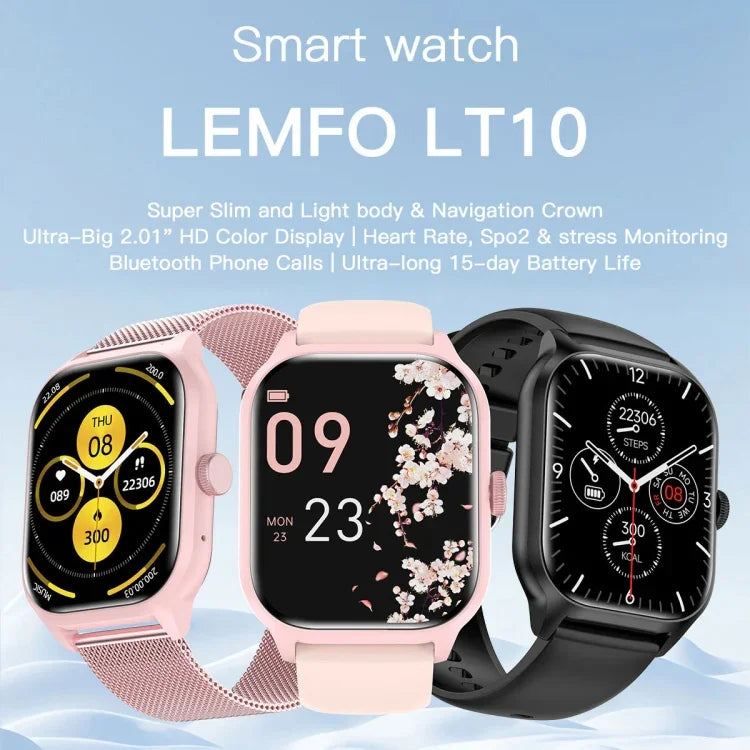 LEMFO LT10 Smartwatch mit 2,01-Zoll-TFT-Bildschirm, unterstützt Bluetooth-Anrufe und Gesundheitsüberwachung, Edelstahlarmband und Silikonarmband