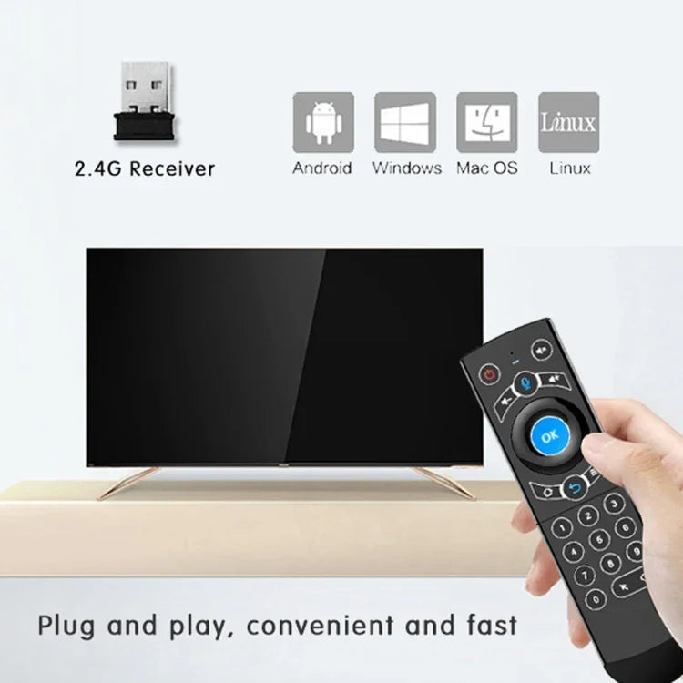 G21 2,4-GHz-Fly-Air-Mouse mit LED-Hintergrundbeleuchtung, kabelloser Tastatur und Fernbedienung mit Gyroskop für Android-TV-Box/PC, unterstützt intelligente Sprachsteuerung, Blau