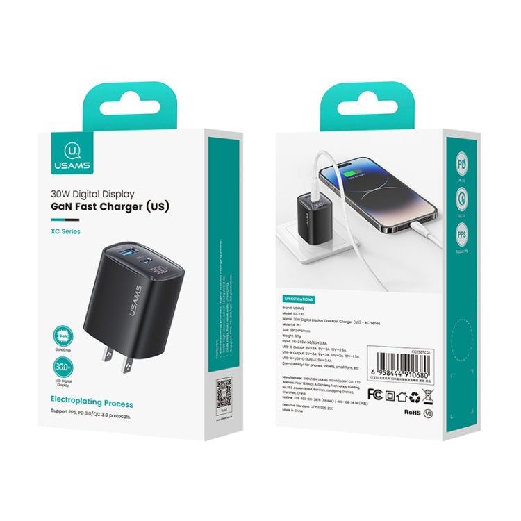 USAMS CC230 30W USB+USB-C / Type-C Dual-Port GaN Digitaldisplay-Ladegerät, Spezifikationen: US-Stecker, CC230