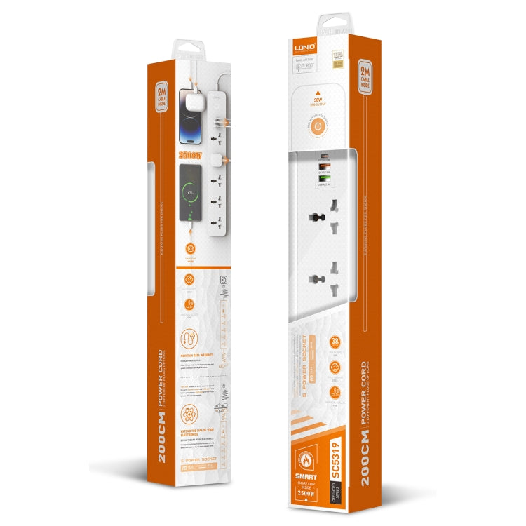 LDNIO SC5319 5-fach Reise- und Heim-Büro-Steckdose mit 38W USB-Anschlüssen, Kabellänge: 2 m, EU-Stecker, UK-Stecker, US-Stecker