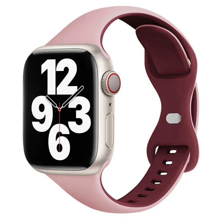Zweifarbiges, schmales Silikonarmband mit Schmetterlingsschließe, passend für Apple Watch Series 7 (41 mm), Apple Watch Series 7 (45 mm), Apple Watch SE (40 mm), Apple Watch SE (44 mm), Apple Watch Series 6 (40 mm) und Apple Watch Series 6 (44 mm).