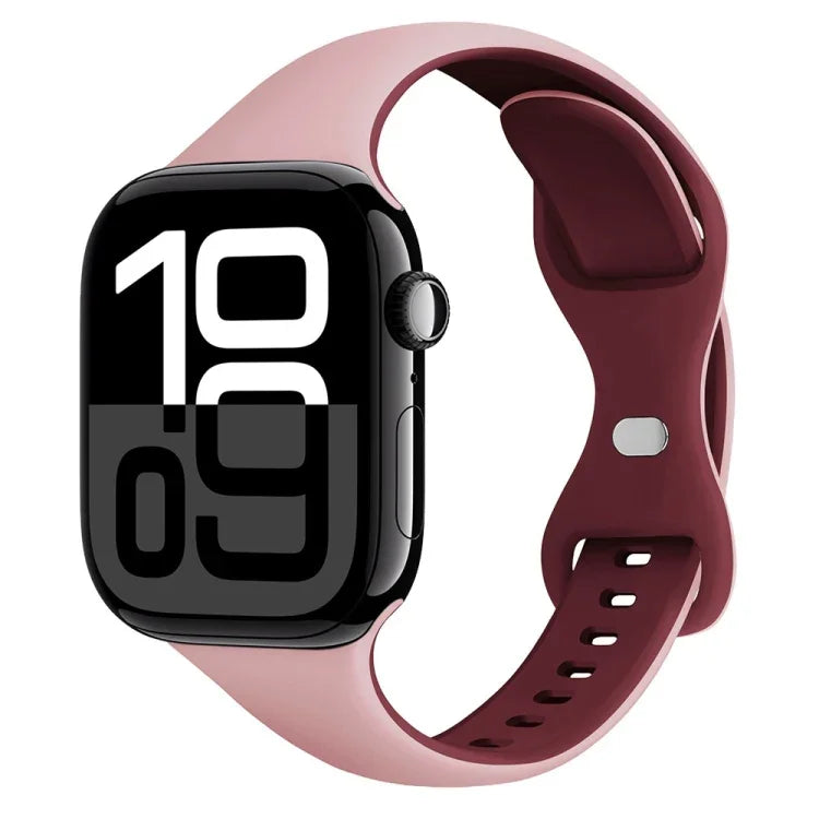 Zweifarbiges schlankes Schmetterlings-Schnallen-Silikon-Uhrenarmband, für Apple Watch Series 10 46mm, für Apple Watch Series 10 42mm, für Apple Watch SE 2023 44mm, für Apple Watch SE 2023 40mm, für Apple Watch Ultra 2 49mm, für Apple Watch Series 9 45mm