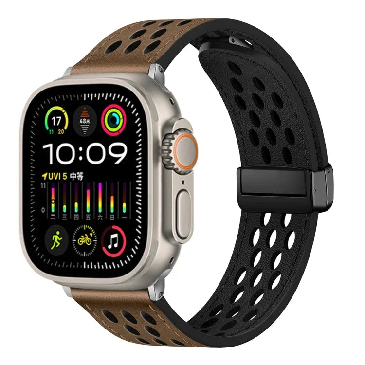 Uhrenarmband aus PU-Leder mit Faltschließe und Lochmuster, passend für Apple Watch Ultra 49 mm