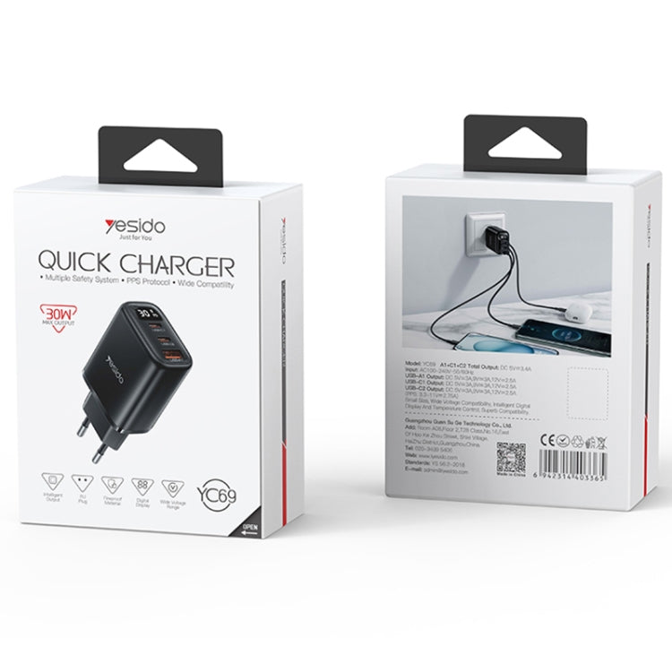 Yesido YC69 30W USB + Dual USB-C / Typ-C Ladegerät mit Digitalanzeige, Spezifikation: EU-Stecker, YC69