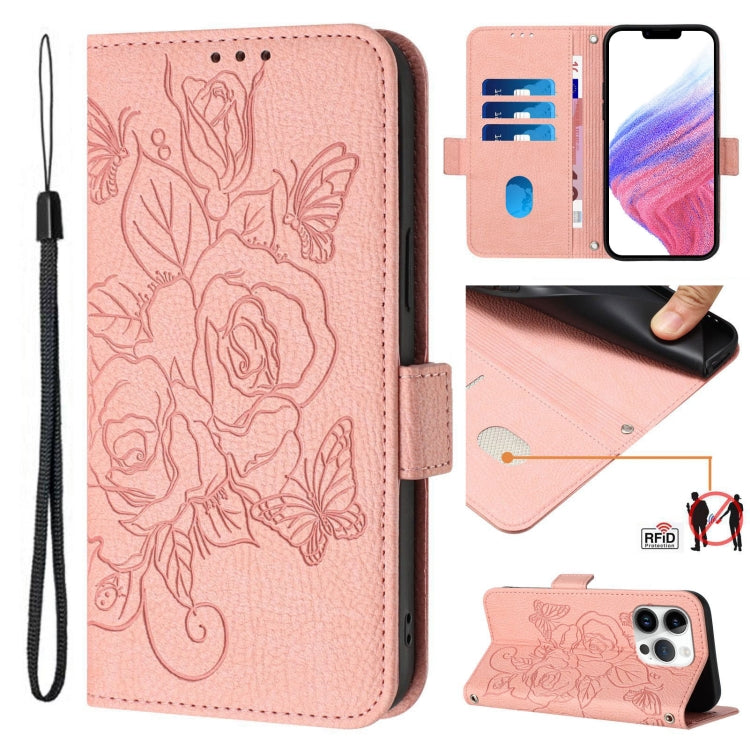 Geprägte Rose RFID-Anti-Diebstahl-Handyhülle aus Leder, für iPhone 17 Pro Max, für iPhone 17 Pro, für iPhone 17, für iPhone Air, für iPhone SE 2024, für iPhone 16 Pro Max, für iPhone 16 Pro, für iPhone 16 Plus