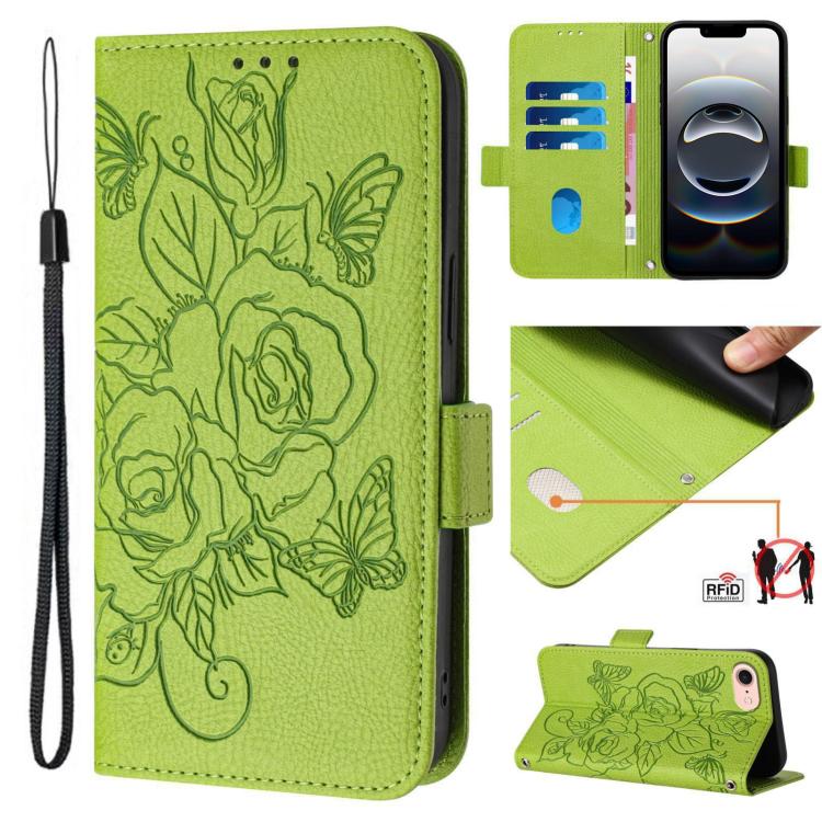 Geprägte Rose RFID-Anti-Diebstahl-Handyhülle aus Leder, für iPhone 17 Pro Max, für iPhone 17 Pro, für iPhone 17, für iPhone Air, für iPhone SE 2024, für iPhone 16 Pro Max, für iPhone 16 Pro, für iPhone 16 Plus