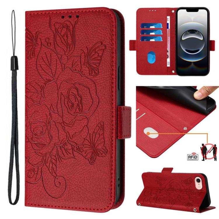 Geprägte Rose RFID-Anti-Diebstahl-Handyhülle aus Leder, für iPhone 17 Pro Max, für iPhone 17 Pro, für iPhone 17, für iPhone Air, für iPhone SE 2024, für iPhone 16 Pro Max, für iPhone 16 Pro, für iPhone 16 Plus