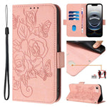 Geprägte Rose RFID-Anti-Diebstahl-Handyhülle aus Leder, für iPhone 17 Pro Max, für iPhone 17 Pro, für iPhone 17, für iPhone Air, für iPhone SE 2024, für iPhone 16 Pro Max, für iPhone 16 Pro, für iPhone 16 Plus