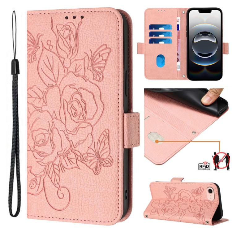 Geprägte Rose RFID-Anti-Diebstahl-Handyhülle aus Leder, für iPhone 17 Pro Max, für iPhone 17 Pro, für iPhone 17, für iPhone Air, für iPhone SE 2024, für iPhone 16 Pro Max, für iPhone 16 Pro, für iPhone 16 Plus