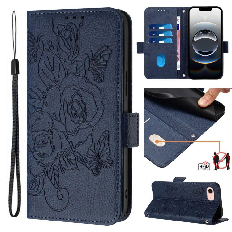 Geprägte Rose RFID-Anti-Diebstahl-Handyhülle aus Leder, für iPhone 17 Pro Max, für iPhone 17 Pro, für iPhone 17, für iPhone Air, für iPhone SE 2024, für iPhone 16 Pro Max, für iPhone 16 Pro, für iPhone 16 Plus