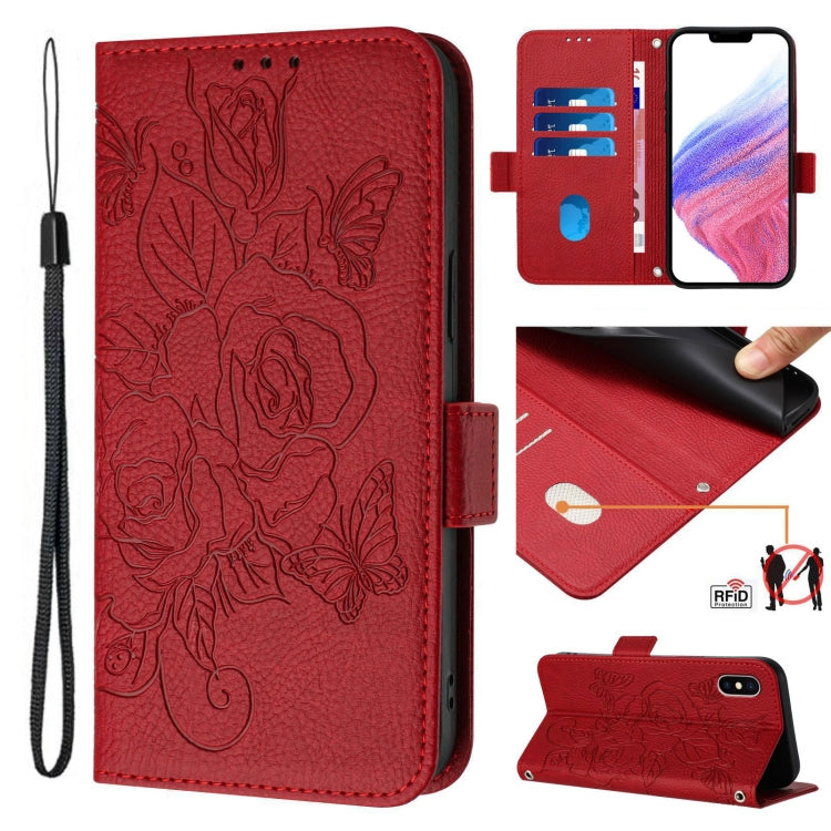 Geprägte Rose RFID Diebstahlsichere Leder-Handyhülle, Für iPhone 11 Pro Max, Für iPhone 11, Für iPhone 11 Pro, Für iPhone XS / X, Für iPhone XR, Für iPhone XS Max, Für iPhone 8 Plus / 7 Plus