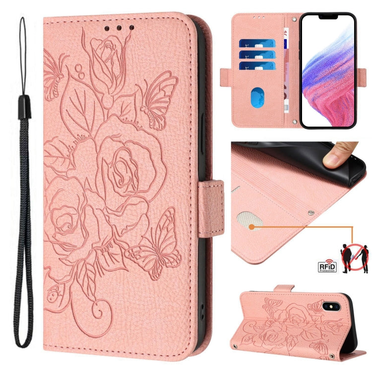 Geprägte Rose RFID Diebstahlsichere Leder-Handyhülle, Für iPhone 11 Pro Max, Für iPhone 11, Für iPhone 11 Pro, Für iPhone XS / X, Für iPhone XR, Für iPhone XS Max, Für iPhone 8 Plus / 7 Plus