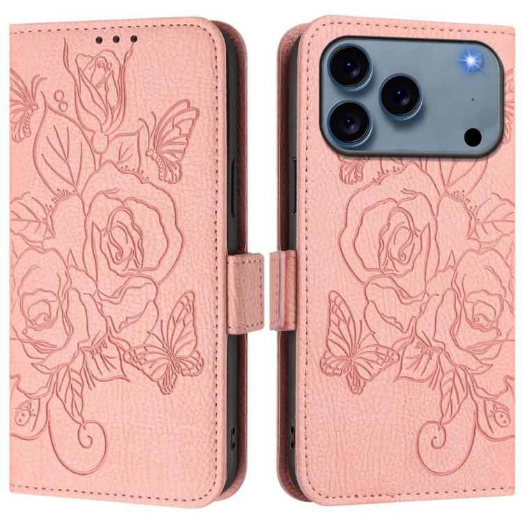 Geprägte Rose RFID-Anti-Diebstahl-Handyhülle aus Leder, für iPhone 17 Pro Max, für iPhone 17 Pro, für iPhone 17, für iPhone Air, für iPhone SE 2024, für iPhone 16 Pro Max, für iPhone 16 Pro, für iPhone 16 Plus