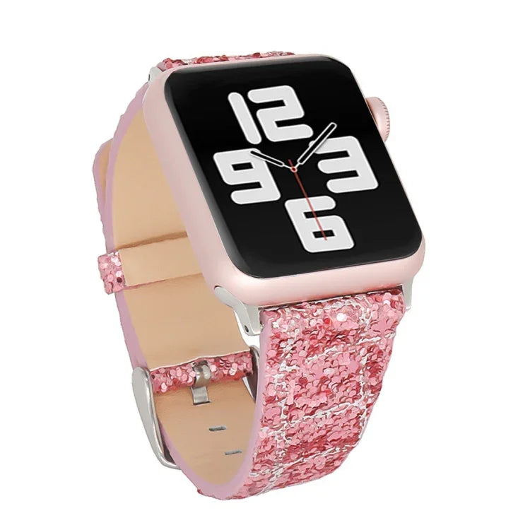 Glitzer-Pailletten Leder-Ersatzarmband, Für Apple Watch 5 & 4 44mm / 3 & 2 & 1 42mm, Für Apple Watch Series 7 41mm / 6 & SE & 5 & 4 40mm / 3 & 2 & 1 38mm, Für Apple Watch Series 8&7 41mm / SE 2&6&SE&5&4 40mm / 3&2&1 38mm