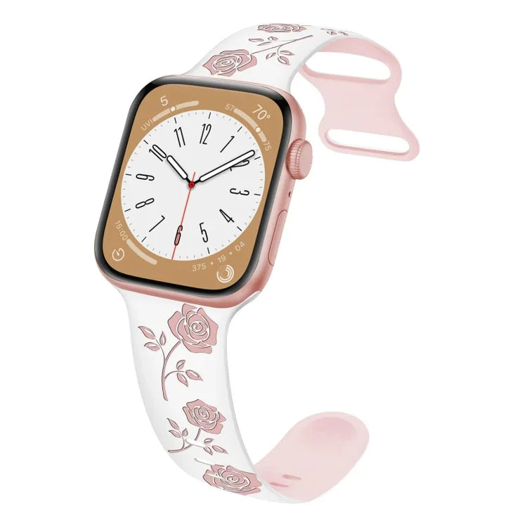 Zweifarbiges Silikonarmband mit Rosengravur, für Apple Watch SE 2023 44mm, für Apple Watch SE 2023 40mm, für Apple Watch Ultra 2 49mm, für Apple Watch Series 9 45mm, für Apple Watch Series 9 41mm, für Apple Watch Ultra 49mm, für Apple Watch Series 8 41...