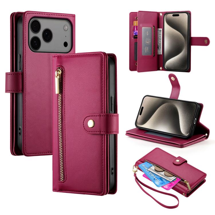 Handytasche aus Leder mit Reißverschluss und neun Kartenfächern, für iPhone 17 Pro Max, für iPhone 17 Pro, für iPhone 17, für iPhone Air, für iPhone 16e, für iPhone 16 Pro Max, für iPhone 16 Pro, für iPhone 16 Plus