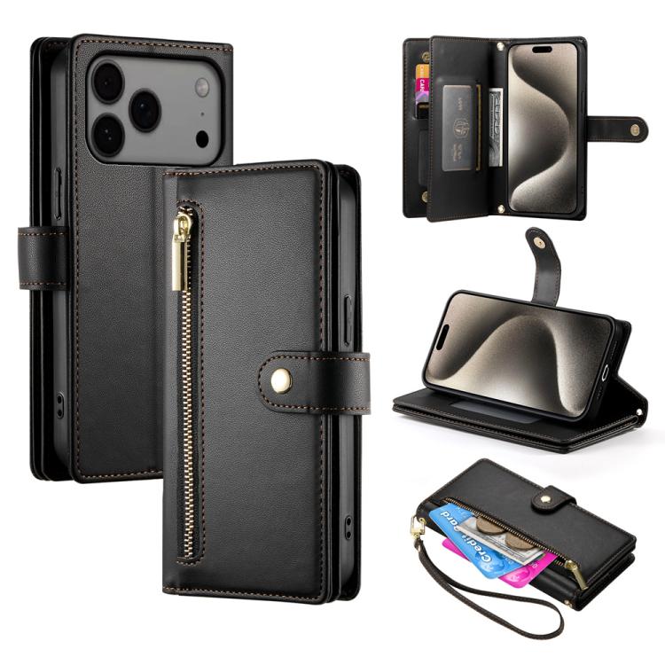 Handytasche aus Leder mit Reißverschluss und neun Kartenfächern, für iPhone 17 Pro Max, für iPhone 17 Pro, für iPhone 17, für iPhone Air, für iPhone 16e, für iPhone 16 Pro Max, für iPhone 16 Pro, für iPhone 16 Plus