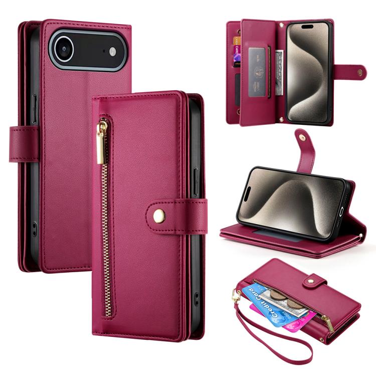 Handytasche aus Leder mit Reißverschluss und neun Kartenfächern, für iPhone 17 Pro Max, für iPhone 17 Pro, für iPhone 17, für iPhone Air, für iPhone 16e, für iPhone 16 Pro Max, für iPhone 16 Pro, für iPhone 16 Plus
