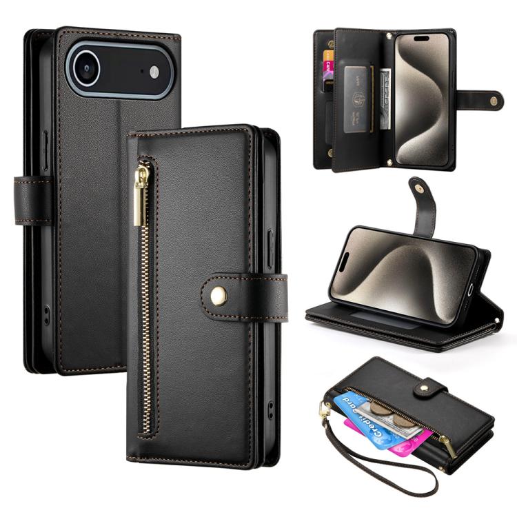 Handytasche aus Leder mit Reißverschluss und neun Kartenfächern, für iPhone 17 Pro Max, für iPhone 17 Pro, für iPhone 17, für iPhone Air, für iPhone 16e, für iPhone 16 Pro Max, für iPhone 16 Pro, für iPhone 16 Plus