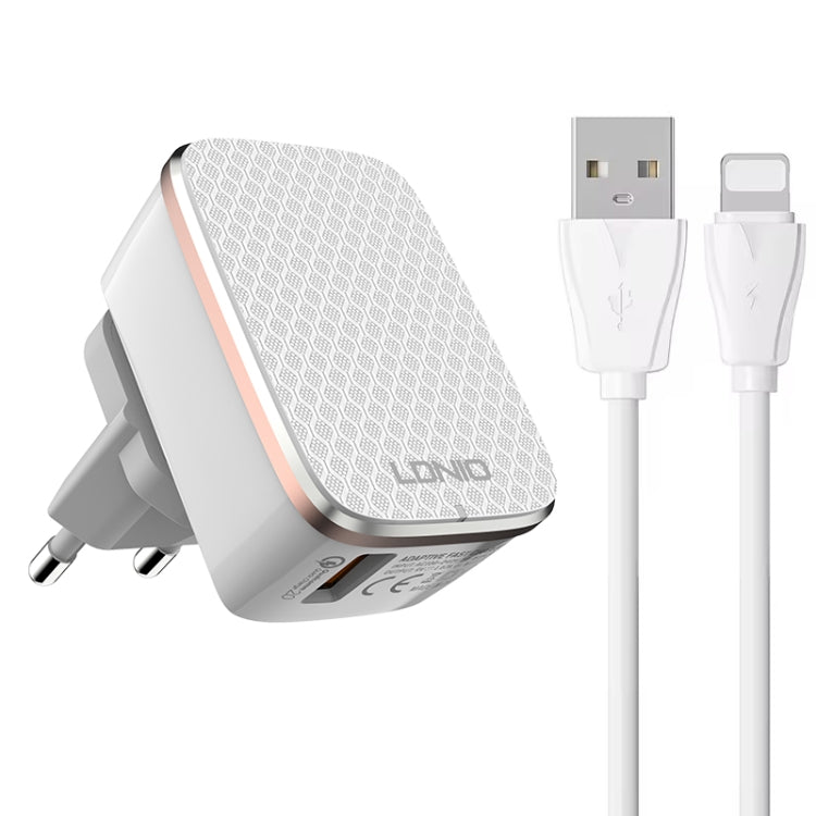 LDNIO A1204Q QC3.0 18W USB-Schnellladegerät mit 1m USB-auf-8-Pin-Kabel, EU-Stecker, UK-Stecker, US-Stecker