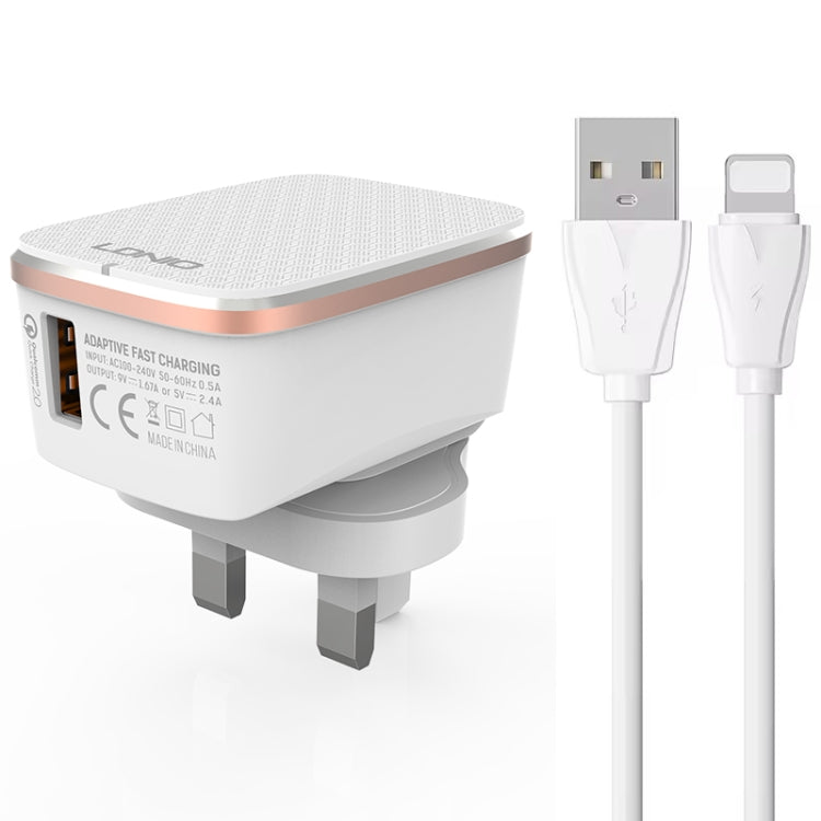 LDNIO A1204Q QC3.0 18W USB-Schnellladegerät mit 1m USB-auf-8-Pin-Kabel, EU-Stecker, UK-Stecker, US-Stecker
