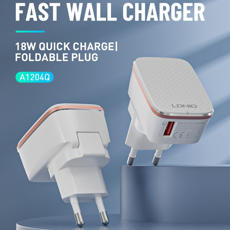 LDNIO A1204Q QC3.0 18W USB-Schnellladegerät mit 1m USB-auf-8-Pin-Kabel, EU-Stecker, UK-Stecker, US-Stecker