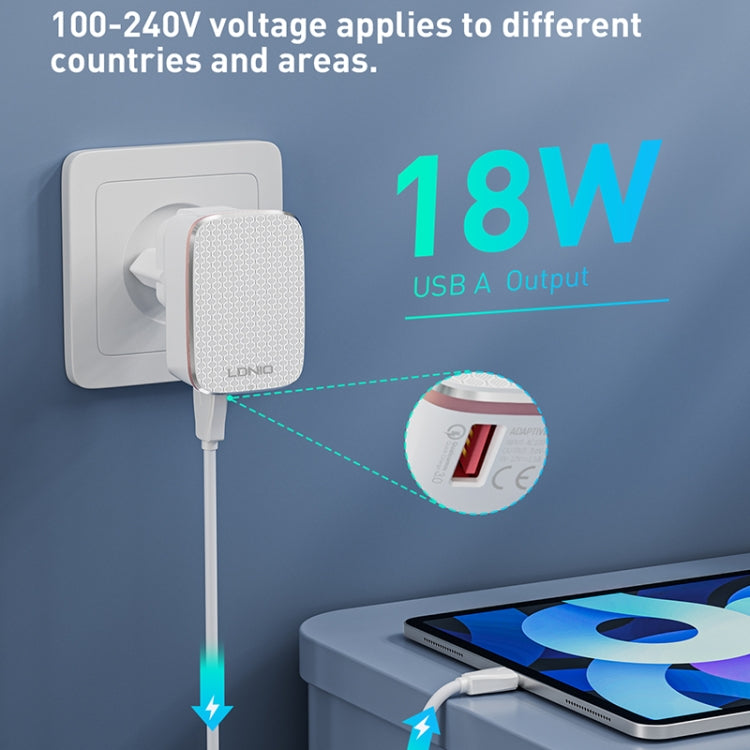 LDNIO A1204Q QC3.0 18W USB-Schnellladegerät mit 1m USB-auf-8-Pin-Kabel, EU-Stecker, UK-Stecker, US-Stecker