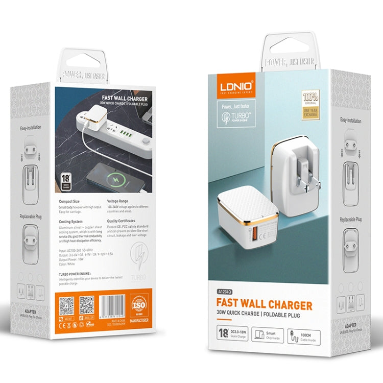 LDNIO A1204Q QC3.0 18W USB-Schnellladegerät mit 1m USB-auf-8-Pin-Kabel, EU-Stecker, UK-Stecker, US-Stecker