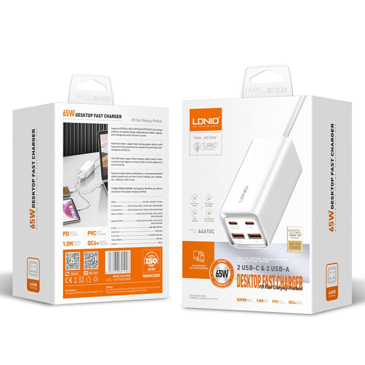 LDNIO A4610C PD65W Dual USB-C / Typ-C + Dual USB Schnellladegerät, Kabellänge: 1,5 m, EU-Stecker, A4610C (UK-Stecker), US-Stecker