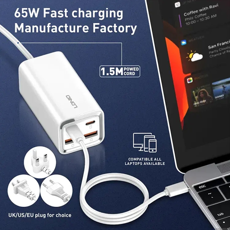 LDNIO A4610C PD65W Dual USB-C / Typ-C + Dual USB Schnellladegerät, Kabellänge: 1,5 m, EU-Stecker, A4610C (UK-Stecker), US-Stecker