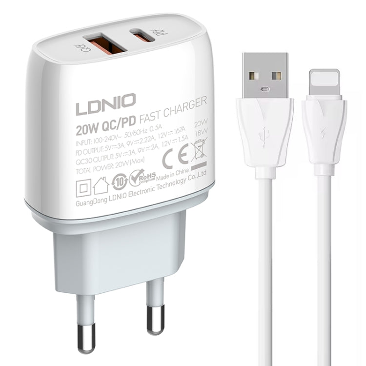 LDNIO Q229 QC3.0 / PD20W USB + Type-C Schnellladegerät mit 1m USB auf 8 Pin Kabel, EU Stecker, UK Stecker, US Stecker