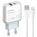 LDNIO Q229 QC3.0 / PD20W USB + Type-C Schnellladegerät mit 1m USB auf 8 Pin Kabel, EU Stecker, UK Stecker, US Stecker