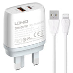 LDNIO Q229 QC3.0 / PD20W USB + Type-C Schnellladegerät mit 1m USB auf 8 Pin Kabel, EU Stecker, UK Stecker, US Stecker