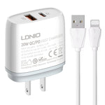LDNIO Q229 QC3.0 / PD20W USB + Type-C Schnellladegerät mit 1m USB auf 8 Pin Kabel, EU Stecker, UK Stecker, US Stecker