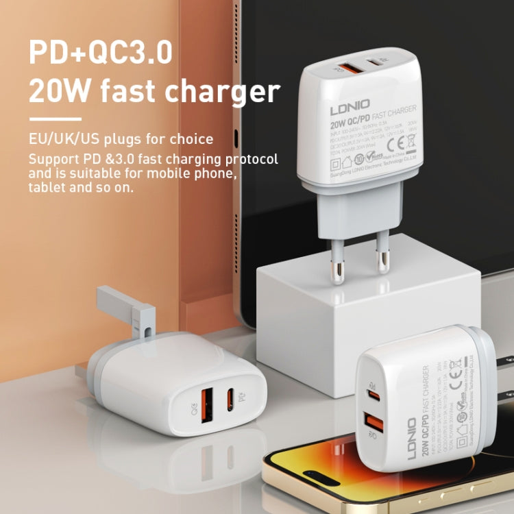 LDNIO Q229 QC3.0 / PD20W USB + Type-C Schnellladegerät mit 1m USB auf 8 Pin Kabel, EU Stecker, UK Stecker, US Stecker