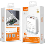 LDNIO Q229 QC3.0 / PD20W USB + Type-C Schnellladegerät mit 1m USB auf 8 Pin Kabel, EU Stecker, UK Stecker, US Stecker