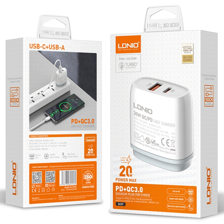 LDNIO Q229 QC3.0 / PD20W USB + Type-C Schnellladegerät mit 1m USB auf 8 Pin Kabel, EU Stecker, UK Stecker, US Stecker