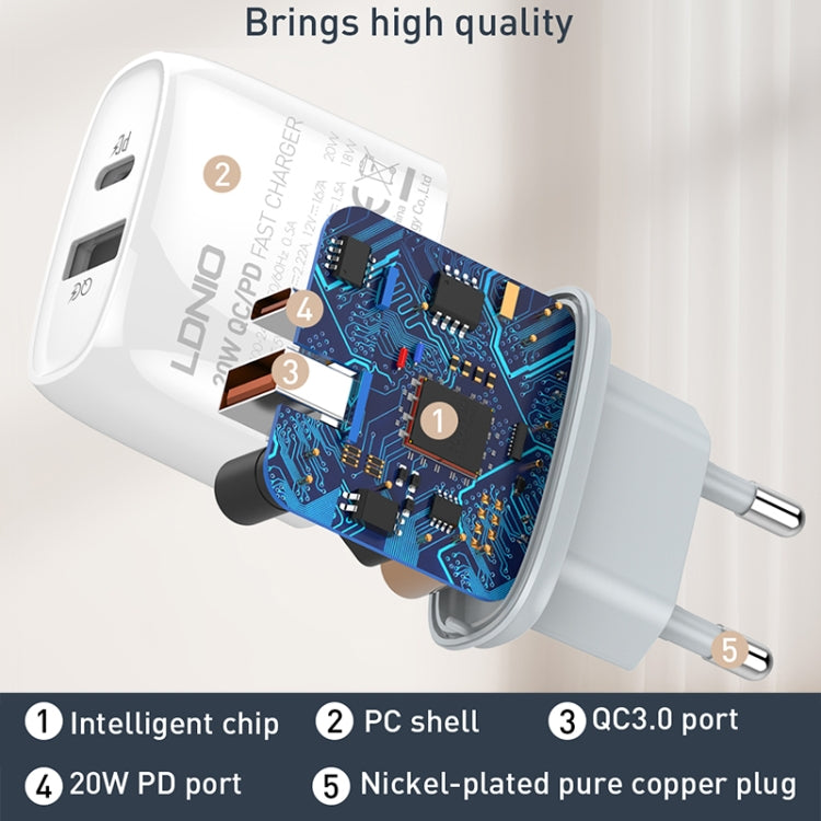 LDNIO Q229 QC3.0 / PD20W USB + Type-C Schnellladegerät mit 1m USB auf 8 Pin Kabel, EU Stecker, UK Stecker, US Stecker