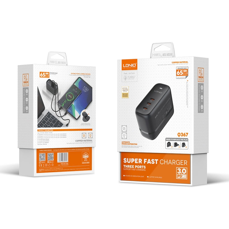 LDNIO Q367 65W GaN 3 x USB-C / Typ-C Interface Ladegerät mit 1m USB-C / Typ-C auf USB-C / Typ-C Datenkabel, EU Stecker, UK Stecker, US Stecker