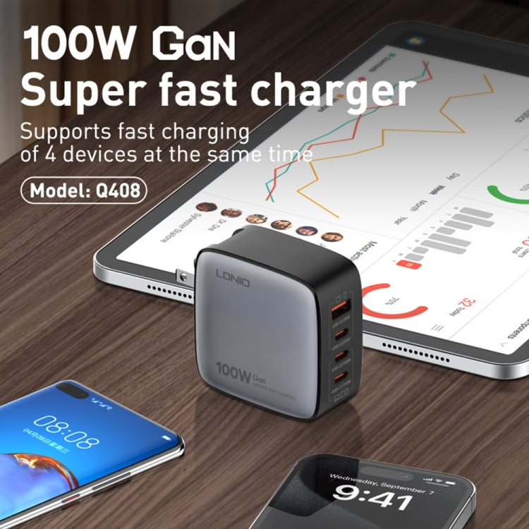 LDNIO Q408 100W GaN USB+3 USB-C / Typ-C Interface Ladegerät mit 1m 100W USB-C / Typ-C zu USB-C / Typ-C Datenkabel, EU Stecker, UK Stecker, US Stecker