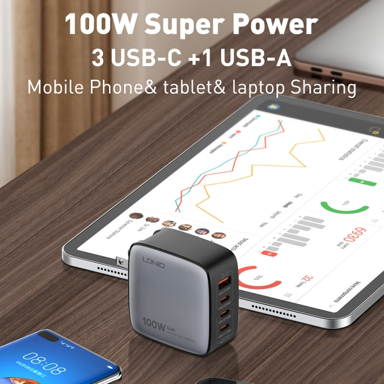LDNIO Q408 100W GaN USB+3 USB-C / Typ-C Interface Ladegerät mit 1m 100W USB-C / Typ-C zu USB-C / Typ-C Datenkabel, EU Stecker, UK Stecker, US Stecker