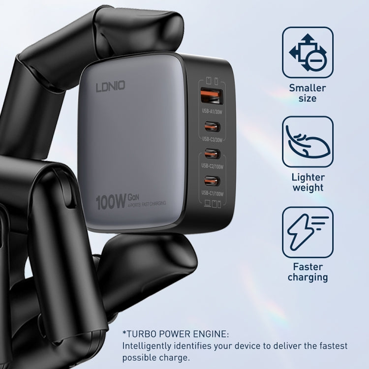 LDNIO Q408 100W GaN USB+3 USB-C / Typ-C Interface Ladegerät mit 1m 100W USB-C / Typ-C zu USB-C / Typ-C Datenkabel, EU Stecker, UK Stecker, US Stecker