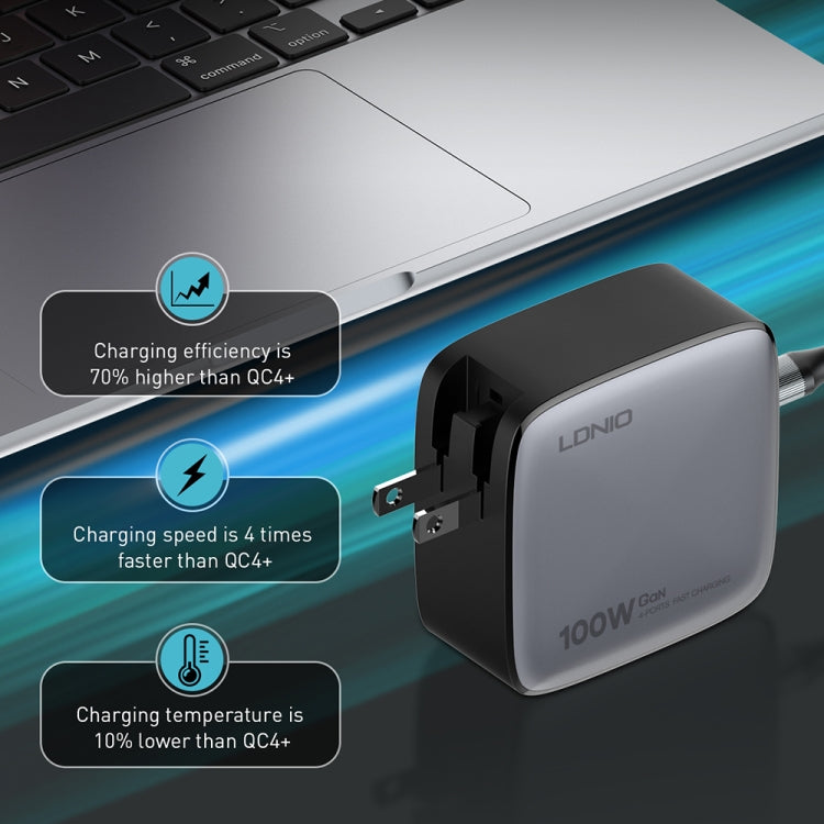 LDNIO Q408 100W GaN USB+3 USB-C / Typ-C Interface Ladegerät mit 1m 100W USB-C / Typ-C zu USB-C / Typ-C Datenkabel, EU Stecker, UK Stecker, US Stecker