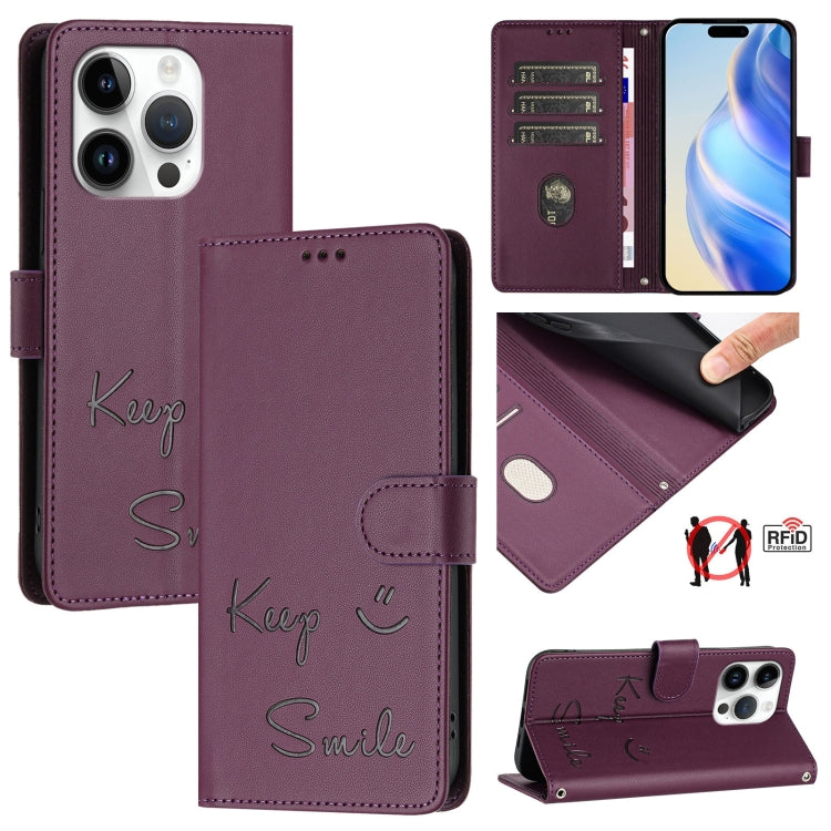 Smile Prägung RFID Leder-Handyhülle, für iPhone 16, für iPhone 15 Pro Max, für iPhone 15 Pro, für iPhone 15 Plus, für iPhone 15, für iPhone 14 Plus, für iPhone 14 / 13, für iPhone 14 Pro