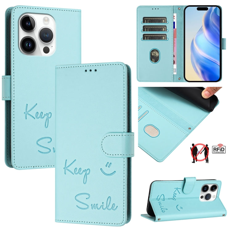 Smile Prägung RFID Leder-Handyhülle, für iPhone 16, für iPhone 15 Pro Max, für iPhone 15 Pro, für iPhone 15 Plus, für iPhone 15, für iPhone 14 Plus, für iPhone 14 / 13, für iPhone 14 Pro